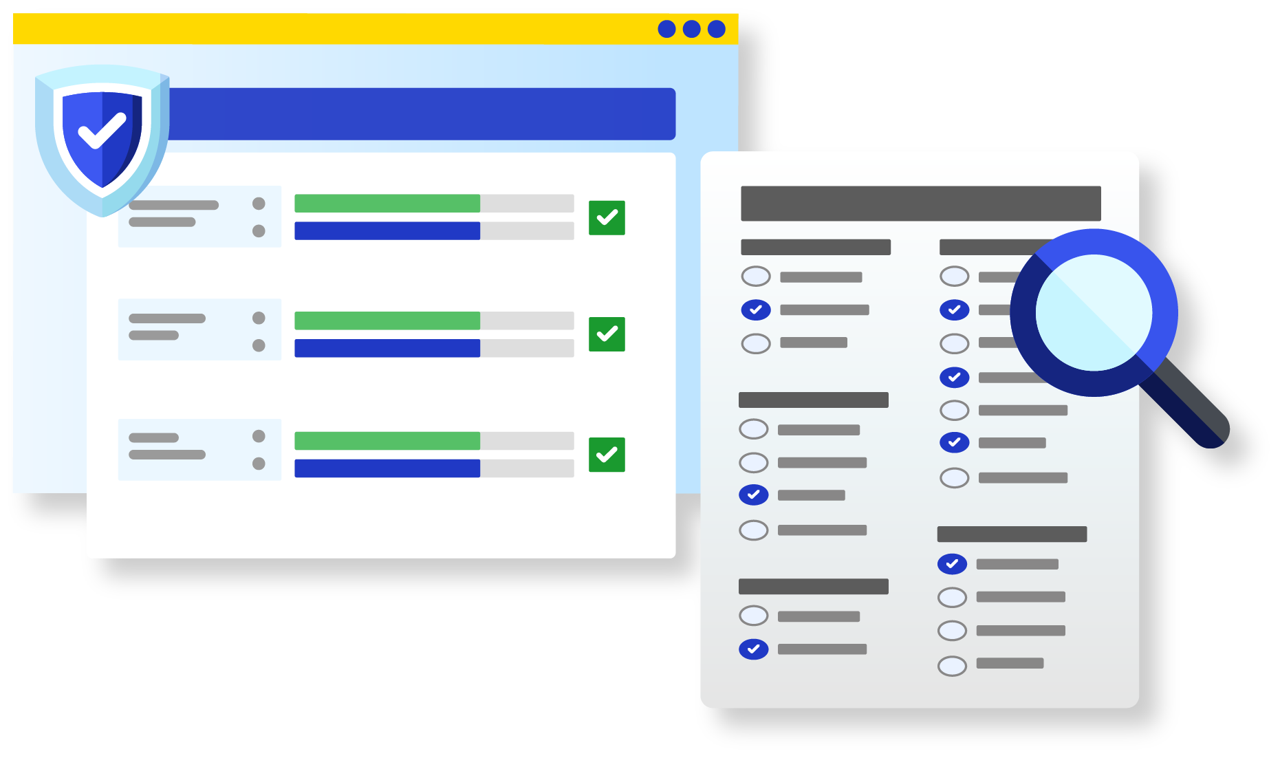Illustration representing Enhanced Voting's Enhanced Audit solution, featuring a web interface with checkmarks and progress bars, alongside a ballot image under a magnifying glass. A shield with a checkmark emphasizes the secure and thorough auditing process.