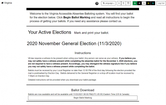 Your Active Elections via EnhancedBallot, showing general election on November 3, 2020.