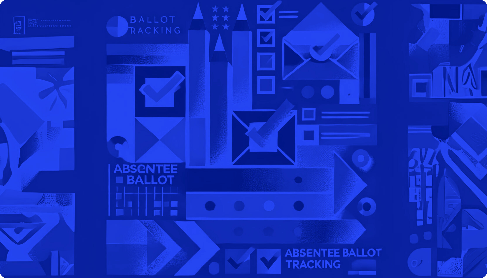 A blue-toned graphic collage featuring symbols related to voting and ballot tracking.